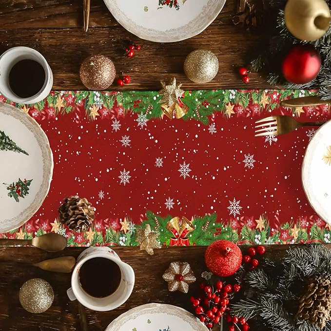 Merry Christmas Table Runner 60 Inches Long, Santa Xmas Tree Snowflake Table - Image 4