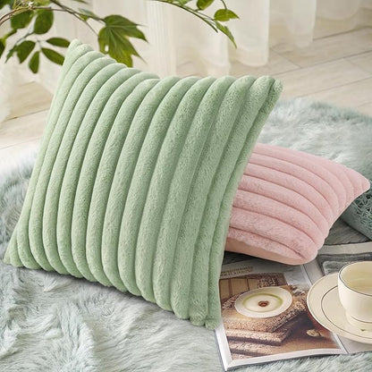 decorUhome Cozy Faux Fur Throw Pillow Covers 24x24 Set of 2 Decorative Soft Plush Striped Modern Farmhouse Boho Couch Euro Sham Pillow Cases with Velvet Back for Sofa Bed Living Room, Sage Green