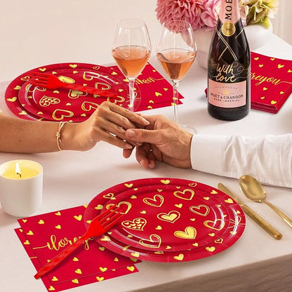 96 Pieces Valentine’s Day Love Tableware Set – Red and Gold Heart Disposable - Image 6