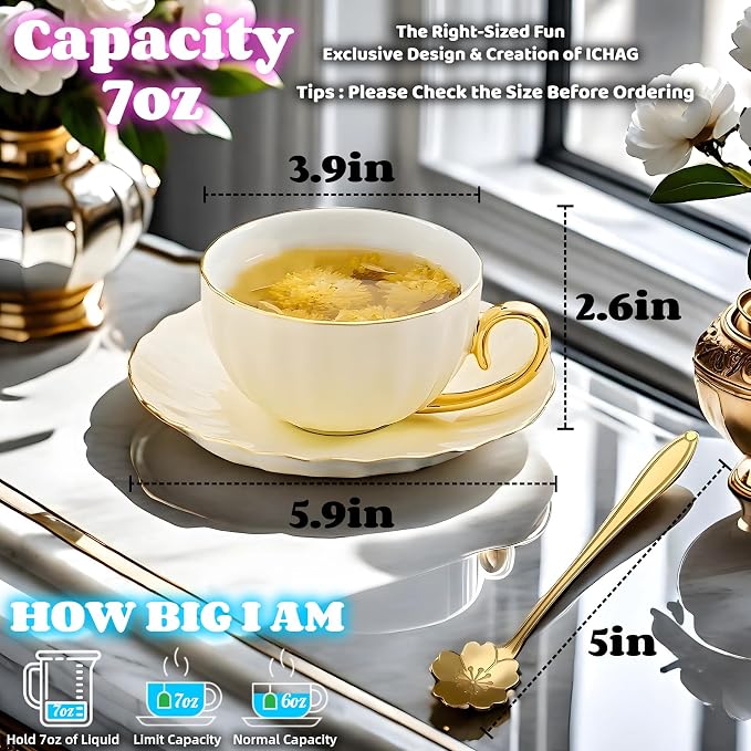 ICHAG 18-Piece Bone China Cup and Saucer Set, 7.7oz Pumpkin Coffee Cups - Image 4