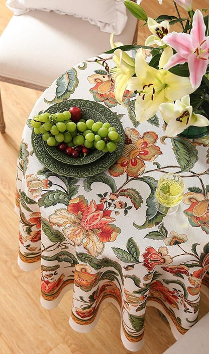 patdrea Designer Vintage Linen Round Tablecloth,Provencal Rustic Floral Pattern Tablecloths,Decorative Table Cover Cloth for Kitchen,Dining Room,Tea Party,Home,Christmas,Diameter 67"