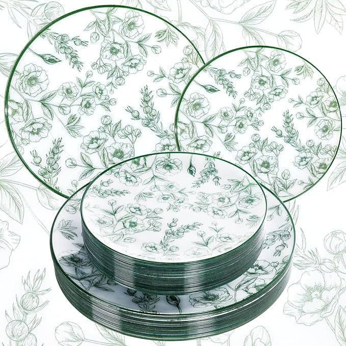 60PCS Green Floral Plastic Plates by Joyido