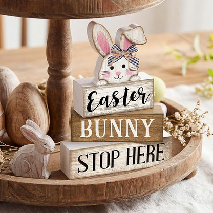 Moucuny 4 Pcs Easter Bunny Table Decoration Stacked Wooden Bunny Block Decor - Image 2