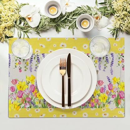Floral Bunny Placemats - Happy Easter Place Mats Set of 4 Spring Rabbit Daisy Tulip Flowers Tablemats 12x18 for Party Kitchen Farmhouse Yellow