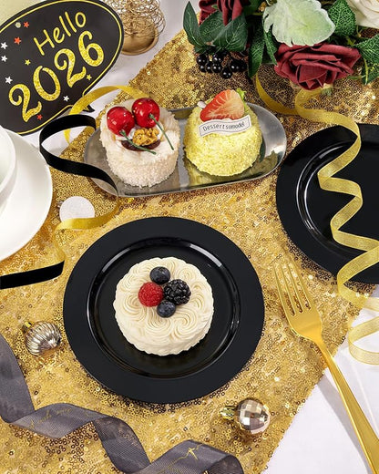bUCLA 100 Pieces Black Plastic Plates - 6.25 inch Disposable Dessert/Salad/Appetizer/Small Cake Plates for Party, Graduation & New Year