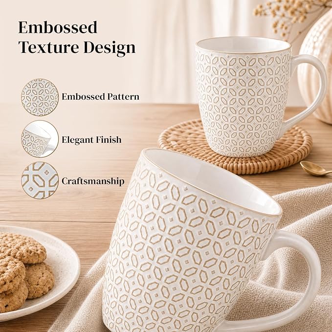 DOWAN Coffee Mugs Set of 6, 19 oz Large Mug, Ceramic Embossment Stoneware Tea - Image 4