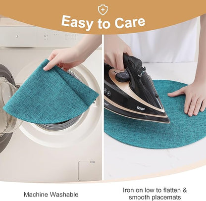 homing 15 Inch Round Cloth Placemats Set of 6, Cotton Linen Blend Washable Table Mats, Farmhouse Dining Place Mats for Indoors & Outdoors, Easy to Clean, Teal