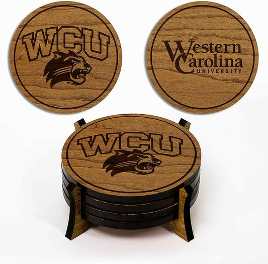 LazerEdge Western Carolina Catamounts Wooden Coaster Set - Cherry Wood - Officially Licensed Product - 4-Pack