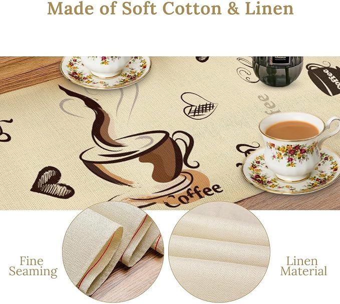 Coffee Theme Table Runner, Farmhouse Brown Coffee Time Cafe Cup Tea Bean Drinks - Image 6