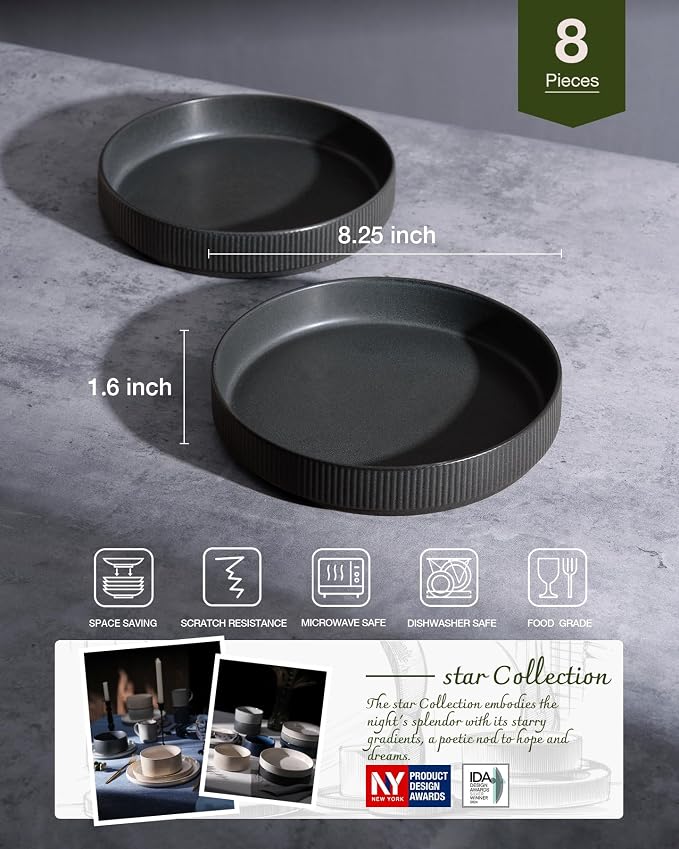 famiware Star 8.25" Pasta Bowls Set of 8, Bowl Plates, Matte Dark Charcoal | - Image 2