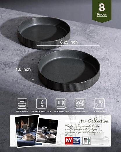 famiware Star 8.25" Pasta Bowls Set of 8, Bowl Plates, Matte Dark Charcoal | - Image 2