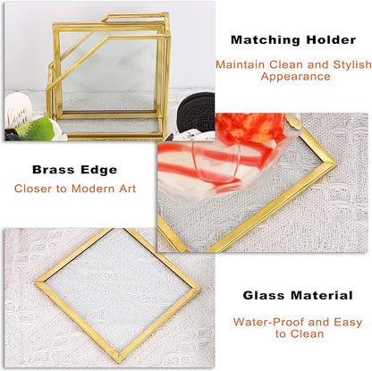 JUXYES Set of 7 Gold Brass Clear Glass Round Coaster - Image 4