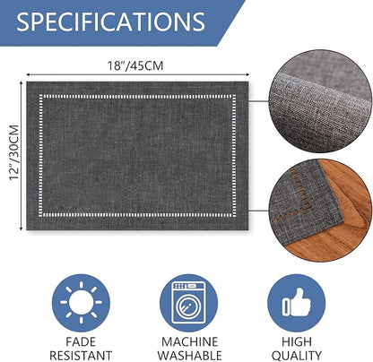 Tosewever Set of 6 Decorative Linen Placemats 12 x 18 Inches, Farmhouse Style Table Mats for Everyday Dining Wedding Party Holiday Home Decor (6 Pieces 12 x 18”, Grey/Straight)