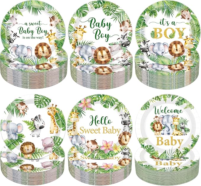 Gerrii 60 Pcs Safari Baby Shower Party Plates 7 Inch Weilcome Baby Disposable by Gerrii