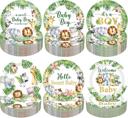 Gerrii 60 Pcs Safari Baby Shower Party Plates 7 Inch Weilcome Baby Disposable by Gerrii