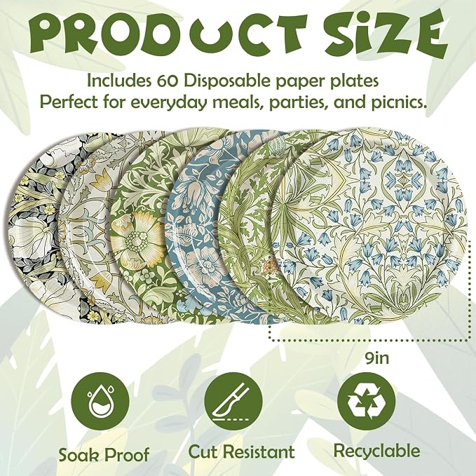 60 Pcs Vintage Wildflower Paper Plates Disposable Plates 9 Inch Green Blue - Image 2