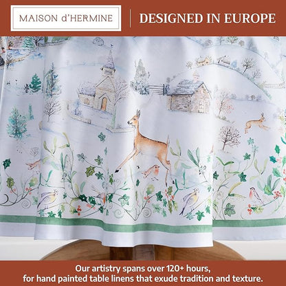 Maison d' Hermine Table Cloth Round Table 100% Cotton 69 Inches Fall Tablecloth Reusable Everyday Use for Thanksgiving Christmas Decorations Dining Farmhouse Party (Snowy World)