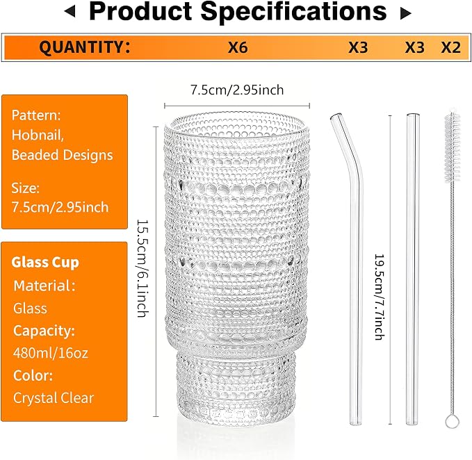 KEMORELA Vintage drinking glasses set of 6, Large 16oz Hobnail Glassware Set - Image 2