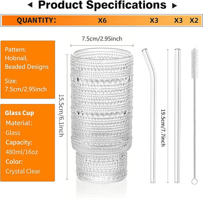 KEMORELA Vintage drinking glasses set of 6, Large 16oz Hobnail Glassware Set - Image 2