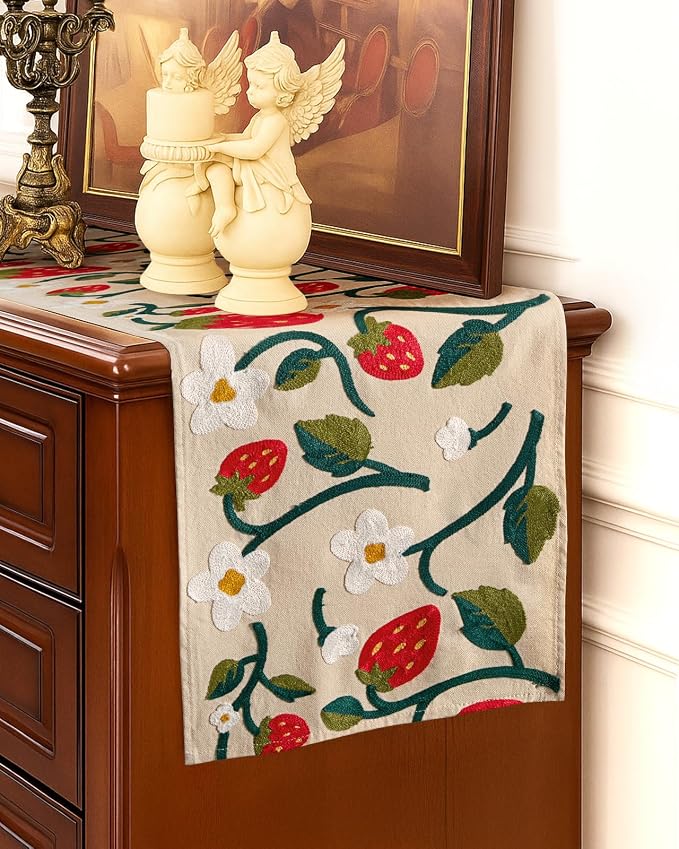 Canvas Embroidered Narrow 13"x 72" Table Runner, Strawberry | Exquisite - Image 5