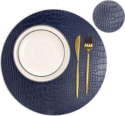 Round Leather Placemats for Round Tables Set of 8, Blue Table Place Mats and Coasters, Washable Easy to Care for Indoor Decor 13" Diameter