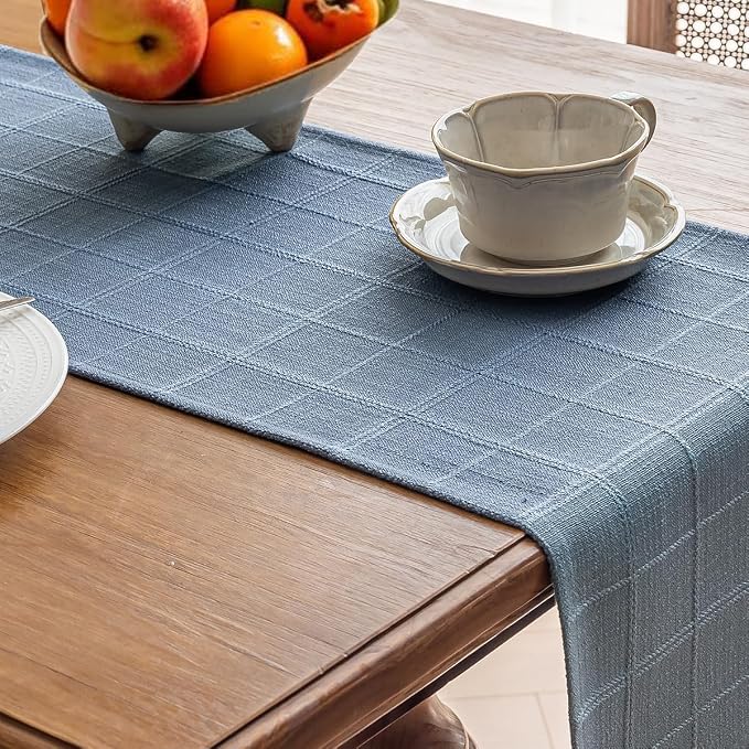 Linen Textured Table Runner, Machine Washable, Farmhouse Neutral Checked table - Image 4