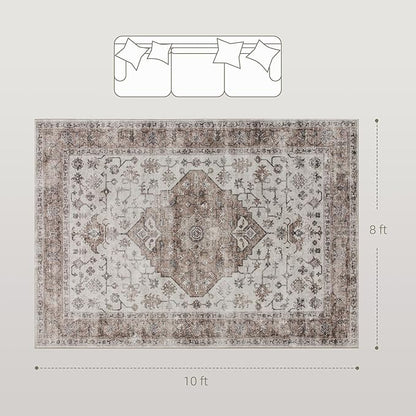 HOMCOM Washable Area Rug, 8'x10' Vintage Indoor Distressed Carpet, Retro Floor Cover Foldable, Floral Print Mat for Living Room, Bedroom, Dining Room, Tan