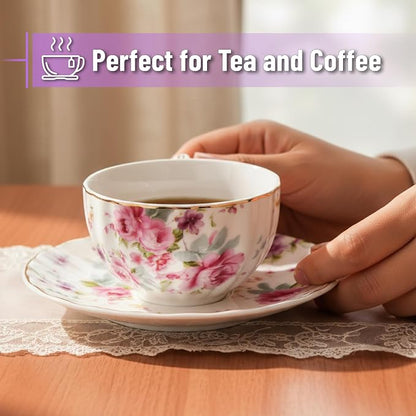 BTaT- Floral Tea Cups and Saucers, 7 oz, Fine Porcelain Teacup Set - Image 4