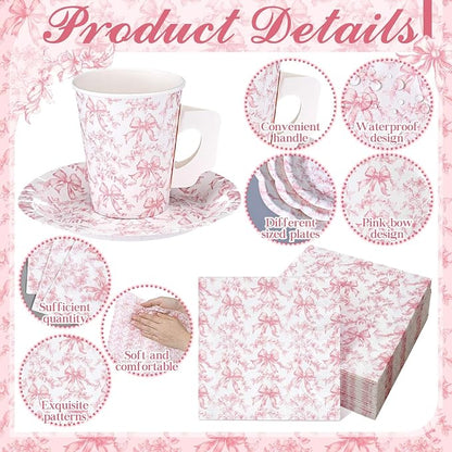 Pickmesh 252 Pcs Pink Bow Floral Tea Party Supplies - Image 4