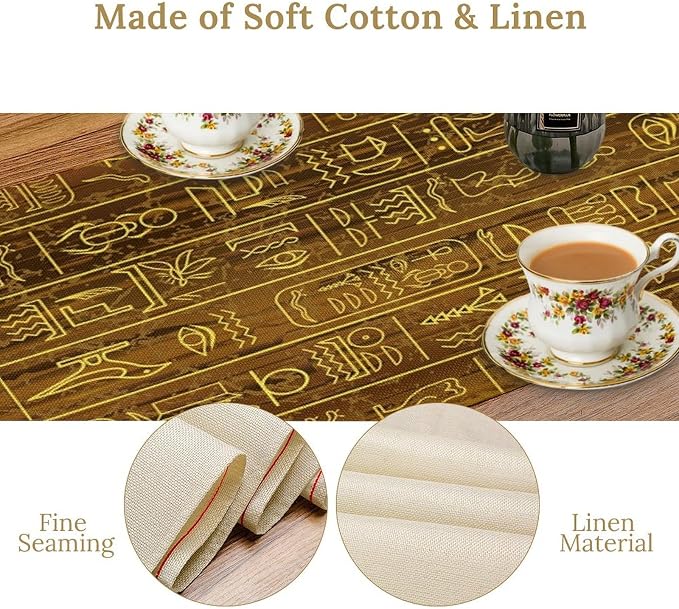 Vintage Egyptian Table Runner Golden Egypt Hieroglyphics Old Logographic - Image 5