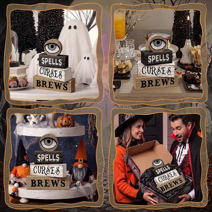 Moucuny 4 Pcs Halloween Table Decor Witchy Wooden Stacked Block Decor, "Spells - Image 4