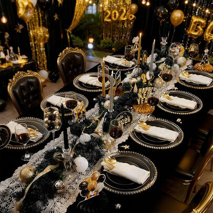WDF 150PCS Black Plastic Plates - Black and Gold Plates Disposable - 25guest Disposable Dinnerware Sets for Party/Wedding/Halloween/New Year