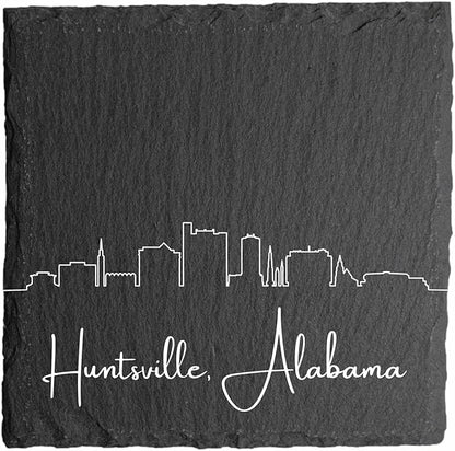 Blue Ridge Mountain Gifts - Huntsville AL Skyline Coasters, Set of 4 - Huntsville Alabama Souvenir, Slate Coasters with Minimalist Skyline, Housewarming Gift for Friends, Family, & Neighbors