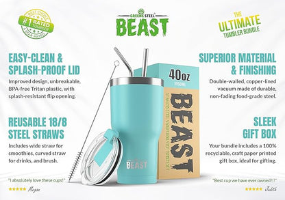 Beast 40 oz Tumbler Stainless Steel Vacuum Insulated Coffee Ice Cup Double Wall Travel Flask (Aquamarine Blue)