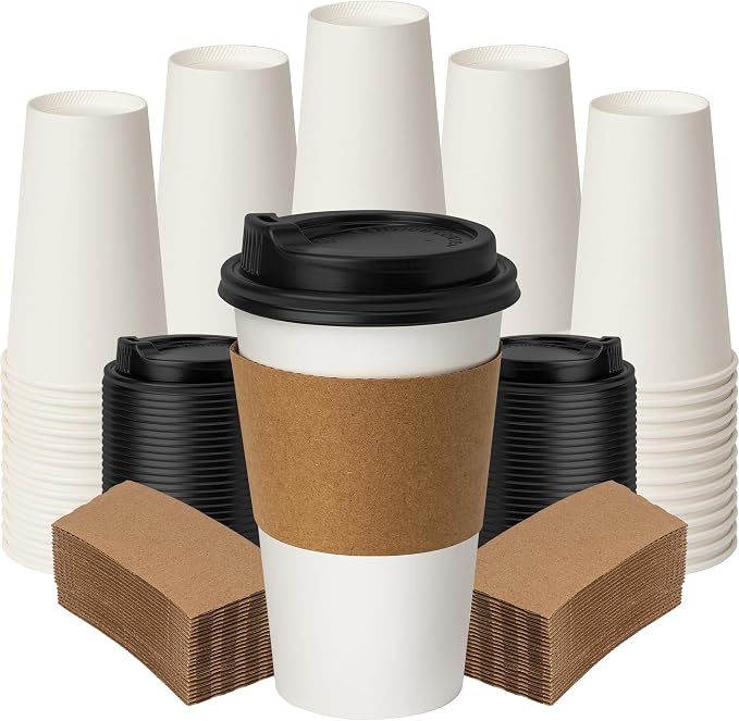 16oz 100 Pack Coffee Cups with Lids Leakproof by ECOEXTRA