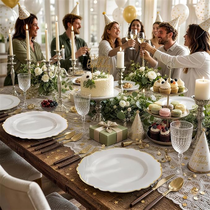60pcs Gold Plastic Dinner Plates -10.25inch Baroque White and Gold Plates Fancy - Image 9
