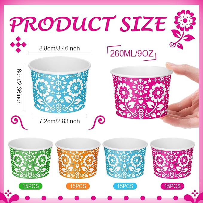 CHENGU 60 Pcs Mexican Flowers Snack Cups 9 oz Disposable Mexican Flowers Ice - Image 2