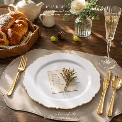 60pcs Gold Plastic Dinner Plates -10.25inch Baroque White and Gold Plates Fancy - Image 2