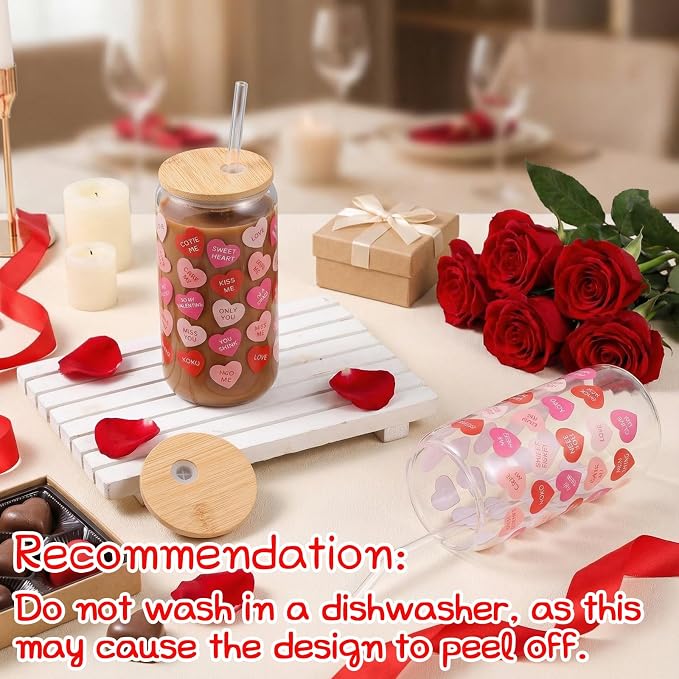 Sliner 2 Pcs Heart Glass Cups Valentines Galentines Day Tumbler 16 oz Iced - Image 2