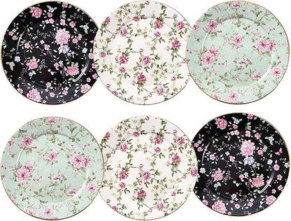 Floral Salad Plates, Set of 6 – 8 Inch Ceramic Appetizer Plates with Gold Trim, Vintage Floral Design for Dessert, Tea Party, Dinner, Decorative Serving