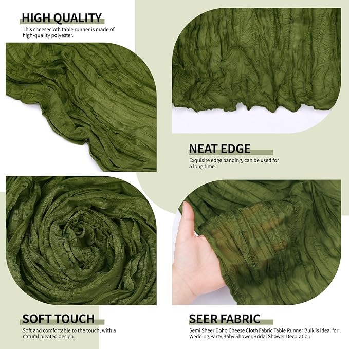 12 Pcs Olive Green Cheesecloth Table Runner 10Ft, Gauze Table Runners 21.5 x - Image 4
