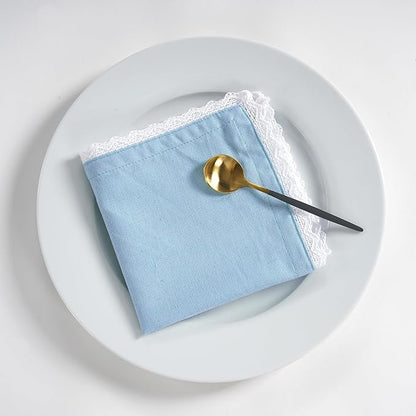 Fingercraft Dinner Cloth Napkin Cotton Linen Blend 12 Pack 12In Mitered Corners with Elegant Lace for Everyday Use Napkins Cloth are Pre Shrunk and Good Absorbency Sky Blue
