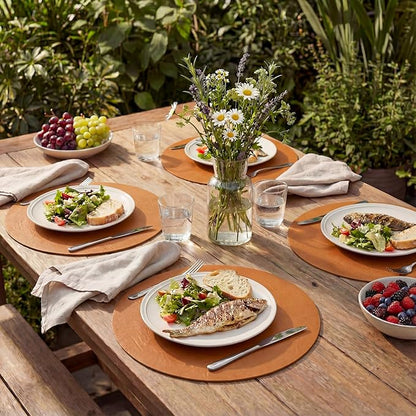 Artoid Mode Rust Faux Leather Placemats Set of 4, 15 Inch Waterproof Wipeable Heat Resistant Vinyl Place Mats, Reversible Table Mats for Fall Kitchen Dining Decor