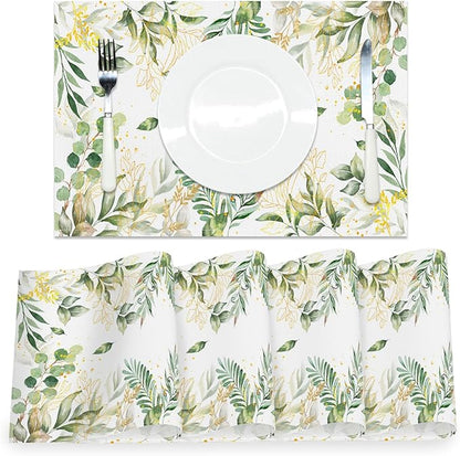 AOFOTO Watercolor Leaves Printed Placemats Set of 4 Spring Sage Green Gold Leaves Place Mats Washable Rectangular Table Mats for Party Home Kitchen Restaurant Dining Table Decor 12x18 Inch