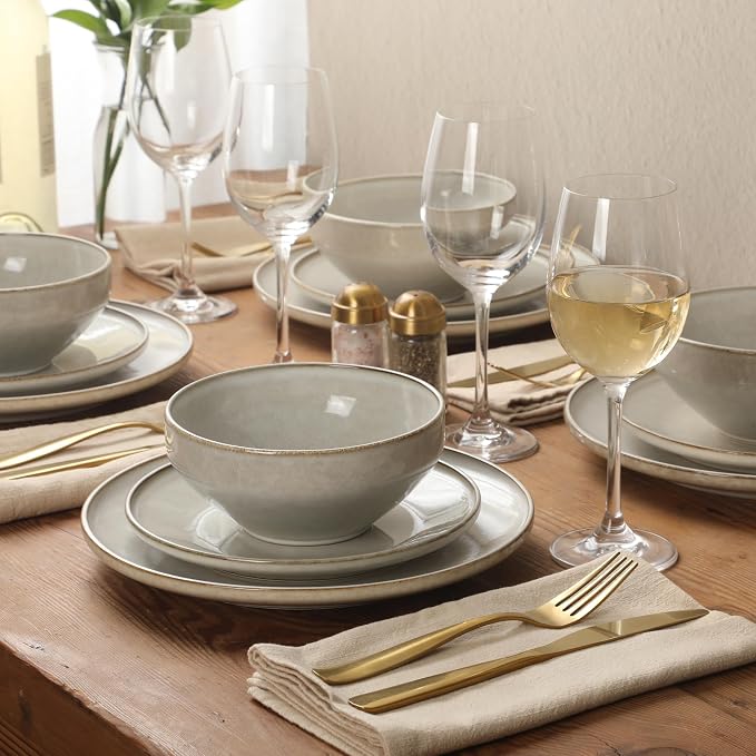 Gibson Elite White Sands Plates and Bowls Sets, 12-Piece Stoneware Dinnerware - Image 3