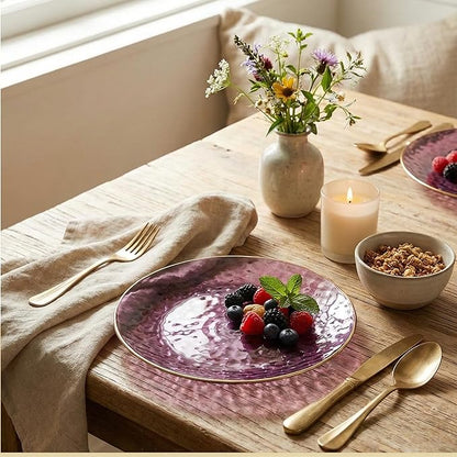 R-kay 100 Pack Purple Plastic Plates - 6 Inch Hammered With Gold Rim, Sturdy, Durable And Extra Heavy duty Purple Plastic Dessert Plates Disposable - Ideal For Appetizer And And For Desserts.