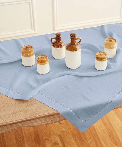 Solino Home Square Linen Tablecloth 52 x 52 Inch - 100% Pure Linen Sky Blue Table Throw - Classic Hemstitch, Machine Washable Table Cloth for Spring, Easter