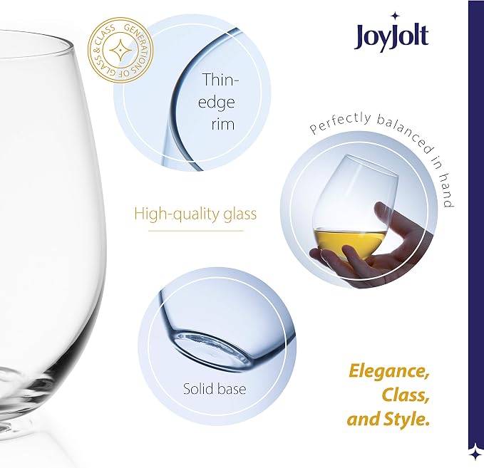 JoyJolt Stemless Wine Glasses Set of 4 – 19 oz Clear Glass Tumblers - Image 3