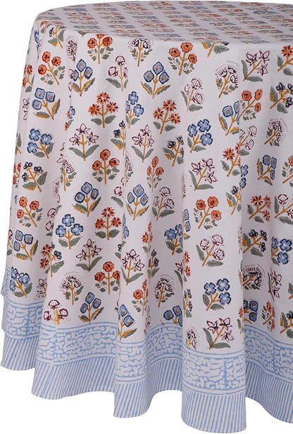 ATOSII Flora Bloom 100% Cotton Round Tablecloth, Handblock Print Floral Table Cloth for Kitchen Dining Linen I Parties, Weddings, Outdoors, Spring Summer I 90" Inches Round