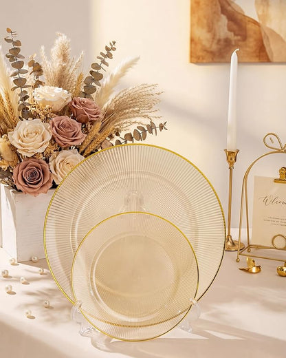 Hioasis 60pcs Brown and Gold Plastic Plates - Brown Disposable Dinnerware Set, 30pcs Dinner 10.25in & 30pcs Dessert 7.5in Plates with Striped Designs for Party & Wedding